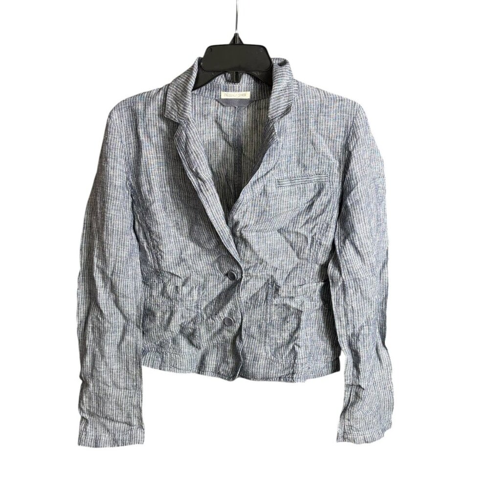 Eileen Fisher Blazer 100% Linen Gray White Pinstripe Size XS